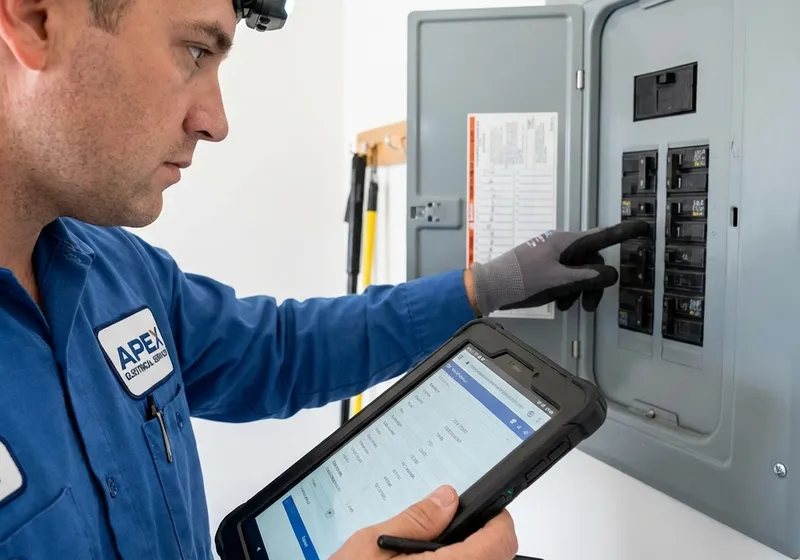 Electrician inspecting an electrical panel with a tablet
