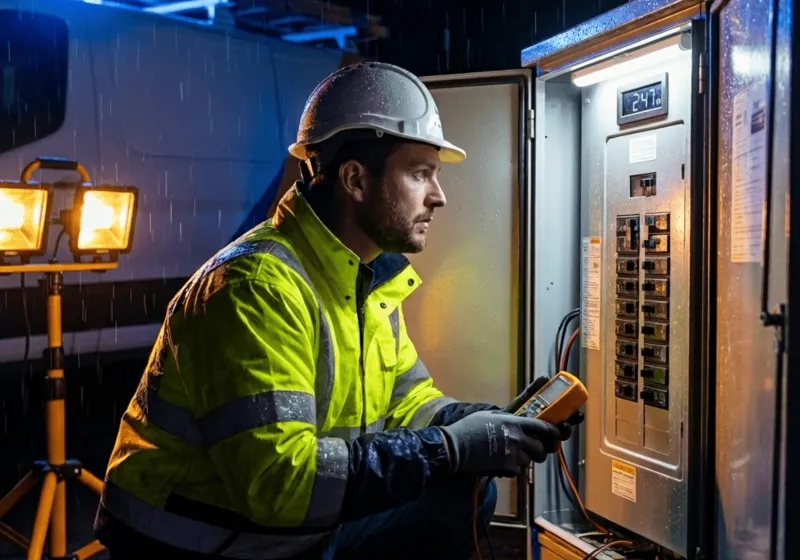 Electrician responding to an emergency call at night