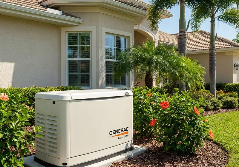Whole-house standby generator installed beside a Florida home