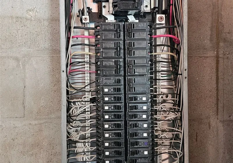 Old overloaded electrical panel before repair